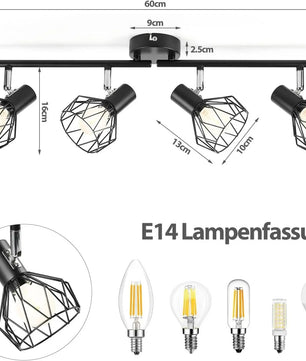 LED Spotlightset 4-Vlam Zwart – Draaibare Plafond- en Wandlamp – E14 Fitting – Inclusief 4× 6W LED Lampen