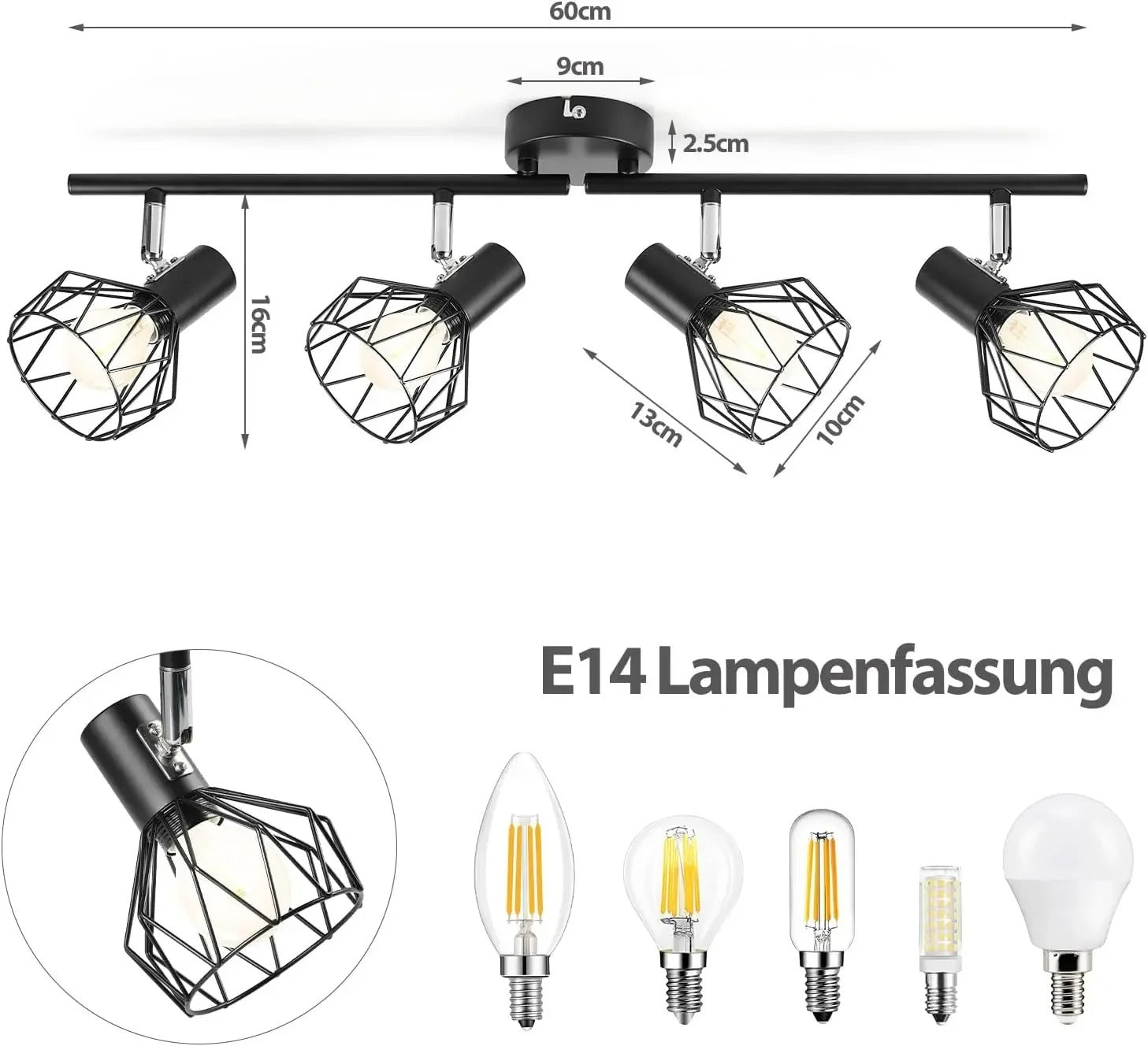 LED Spotlightset 4-Vlam Zwart – Draaibare Plafond- en Wandlamp – E14 Fitting – Inclusief 4× 6W LED Lampen