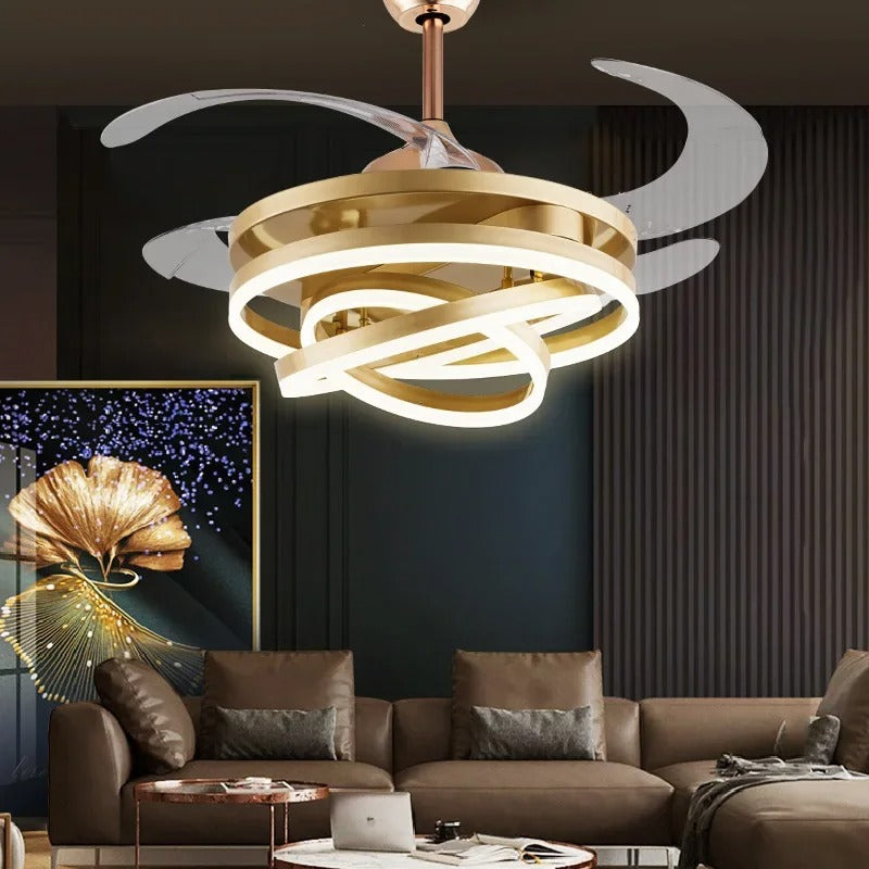 Nordic LED Plafondventilator 42 inch – Moderne Ventilatorlamp met Intrekbare Bladen, Kristalafwerking en Afstandsbediening – Stil en Dimbaar voor Woonkamer en Slaapkamer