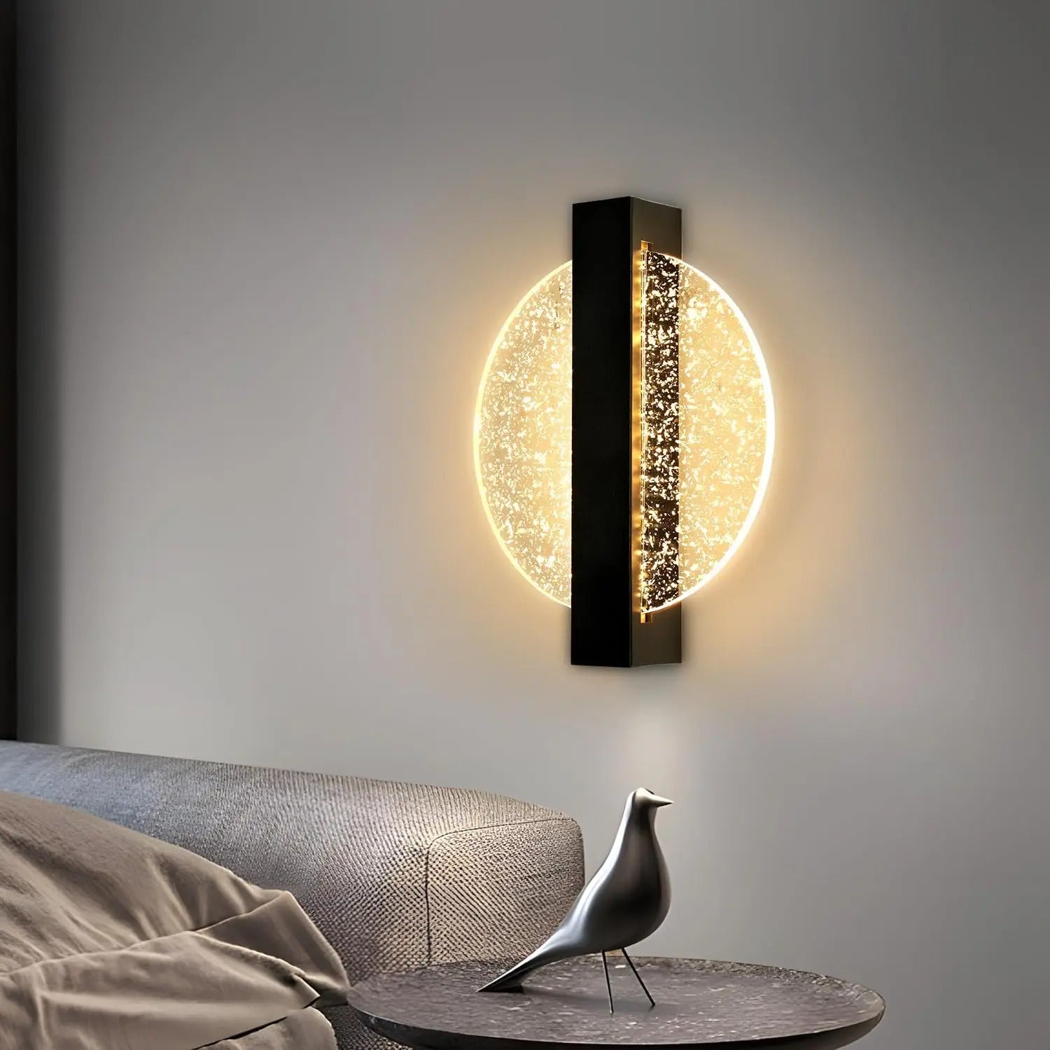 Moderne LED Wandlamp – Rond Zwart met Zilverblad – Acryl Wandverlichting met Warm Licht 3500K voor Woonkamer & Slaapkamer