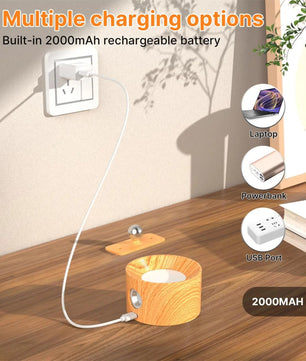 Houten LED Wandlamp – Draadloos Oplaadbaar met Touch Dimming en 360° Draaibare Kop