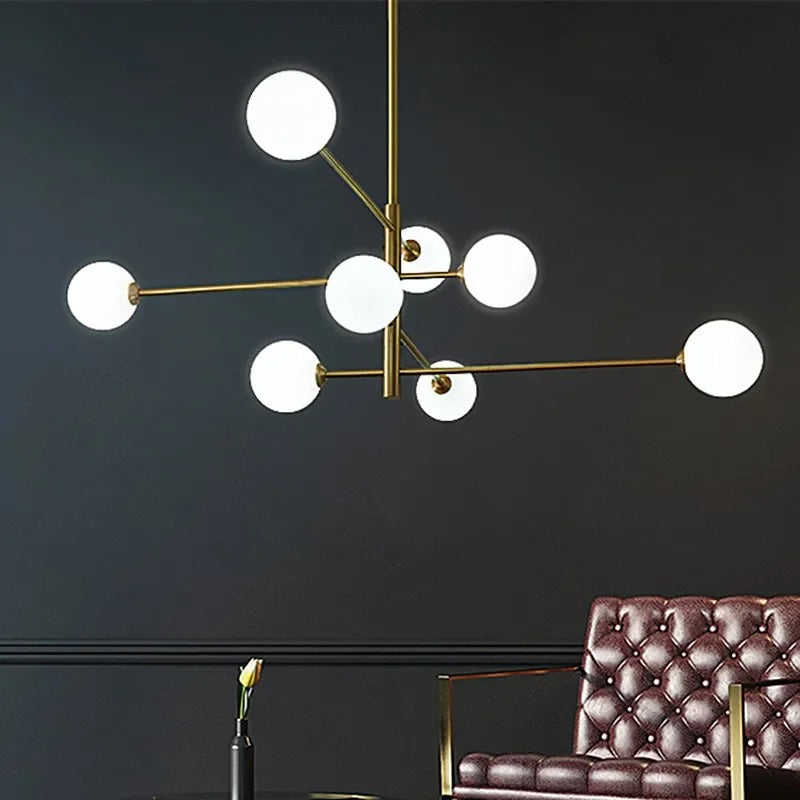 Moderne Glazen Bal Kroonluchter – Zwart Gouden LED Plafondlamp van Metaal en Mat Glas – Luxe Design voor Woonkamer, Eetkamer en Slaapkamer