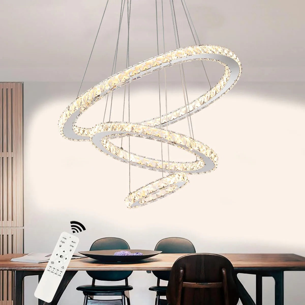 Moderne Kristallen LED Hanglamp – 3 Ringen Ø60+40+20 cm – 60W Dimbaar en In Hoogte Verstelbaar met Afstandsbediening voor Woonkamer en Eetkamer