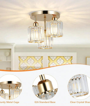 Moderne Gouden Plafondlamp – 3-Lichts Semi-Inbouw met Kristalglas voor Keuken en Woonkamer