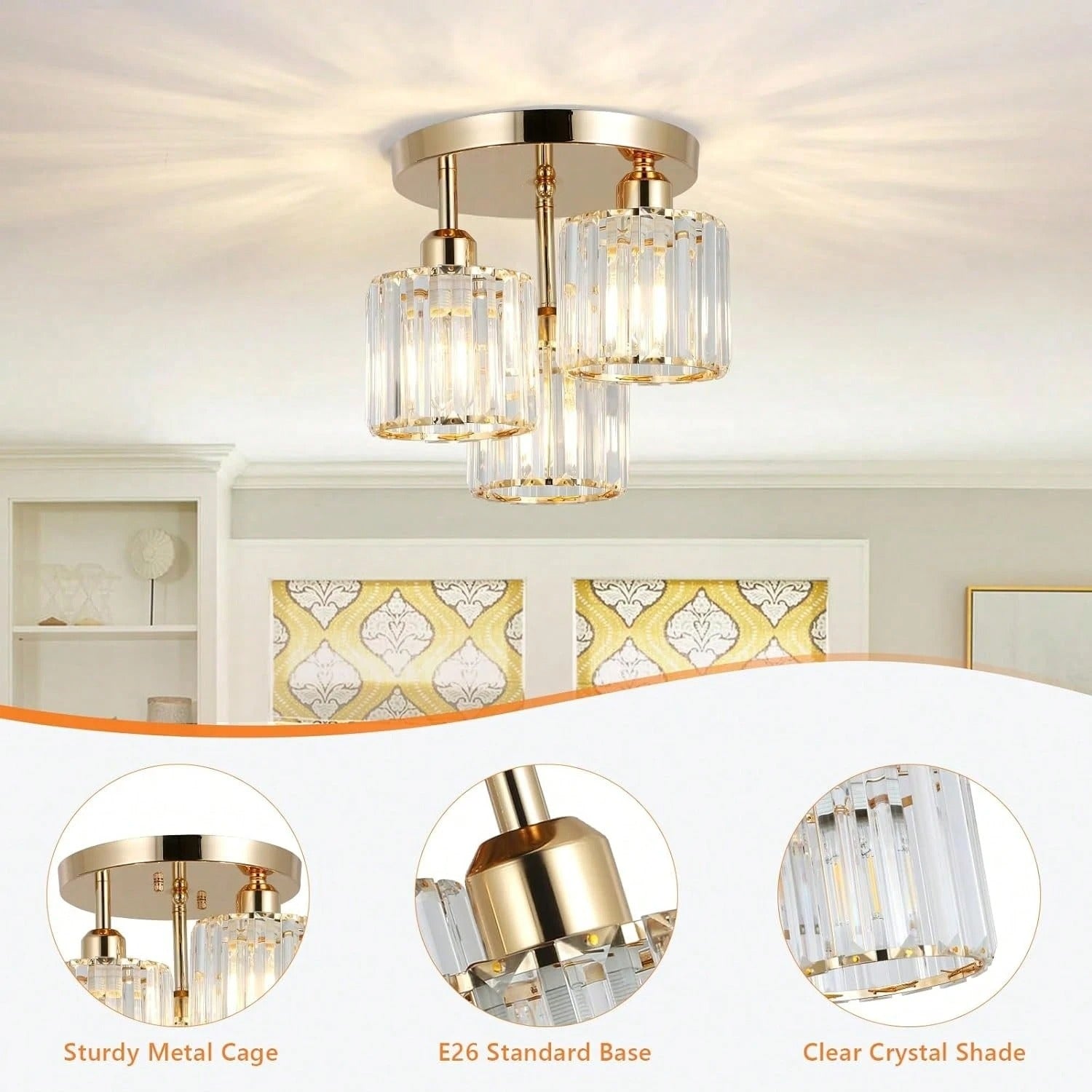 Moderne Gouden Plafondlamp – 3-Lichts Semi-Inbouw met Kristalglas voor Keuken en Woonkamer