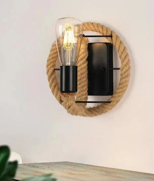 Retro Industriële Wandlamp met Henneptouw – IJzeren Wandverlichting E27 voor Woonkamer en Slaapkamer