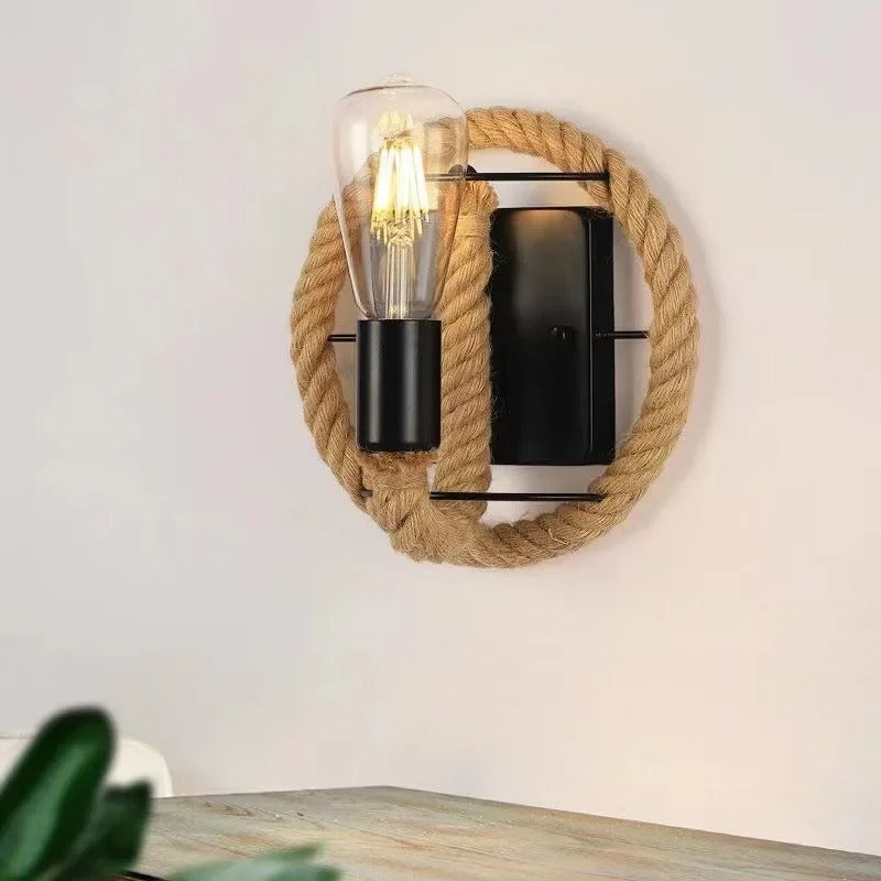 Retro Industriële Wandlamp met Henneptouw – IJzeren Wandverlichting E27 voor Woonkamer en Slaapkamer