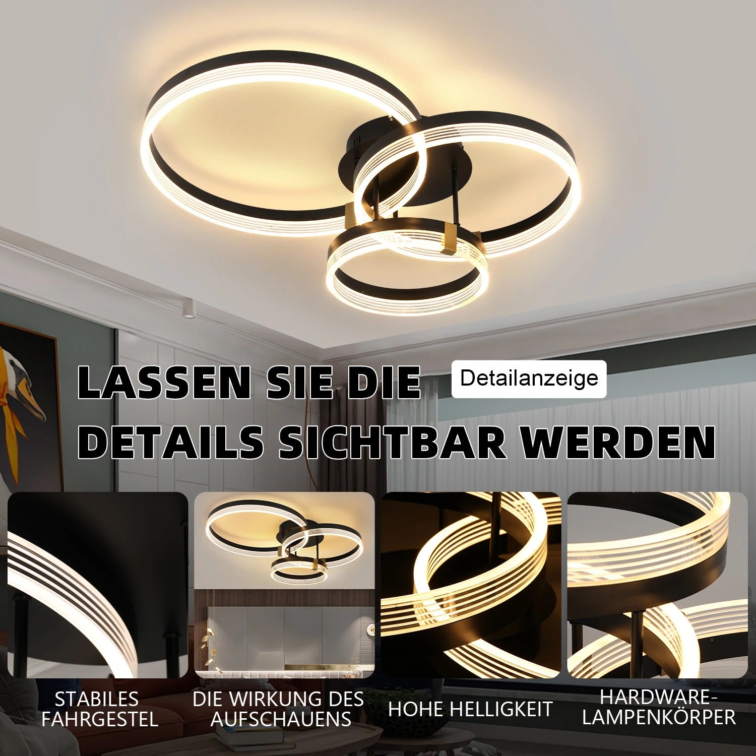 Moderne LED Plafondlamp – 3-Ring Design – 42W Dimbaar 3000K–6500K met Afstandsbediening – Zwarte Design Plafondverlichting voor Woonkamer en Slaapkamer