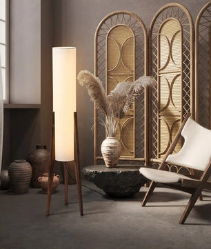 Japanse Wabi-sabi Vloerlamp van Massief Hout – Retro Staande Lamp met Stoffen Kap – Sfeervolle Hoeklamp voor Woonkamer en Slaapkamer