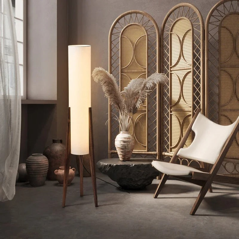 Japanse Wabi-sabi Vloerlamp van Massief Hout – Retro Staande Lamp met Stoffen Kap – Sfeervolle Hoeklamp voor Woonkamer en Slaapkamer