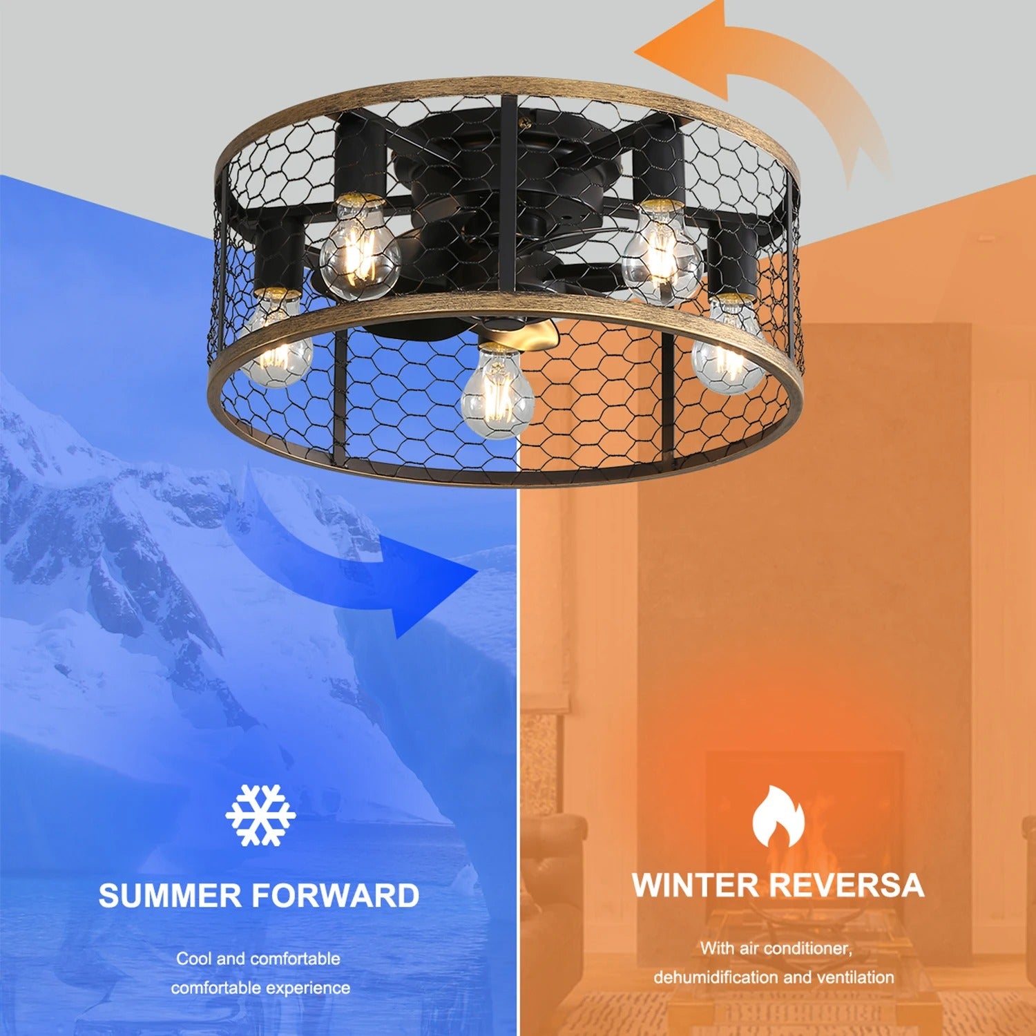 Moderne Plafondventilator met Licht – 20 Inch Zwarte Cage Ventilator met 6 Snelheden, Stille DC-Motor, Omkeerfunctie en Afstandsbediening voor Binnen en Overdekt Buiten