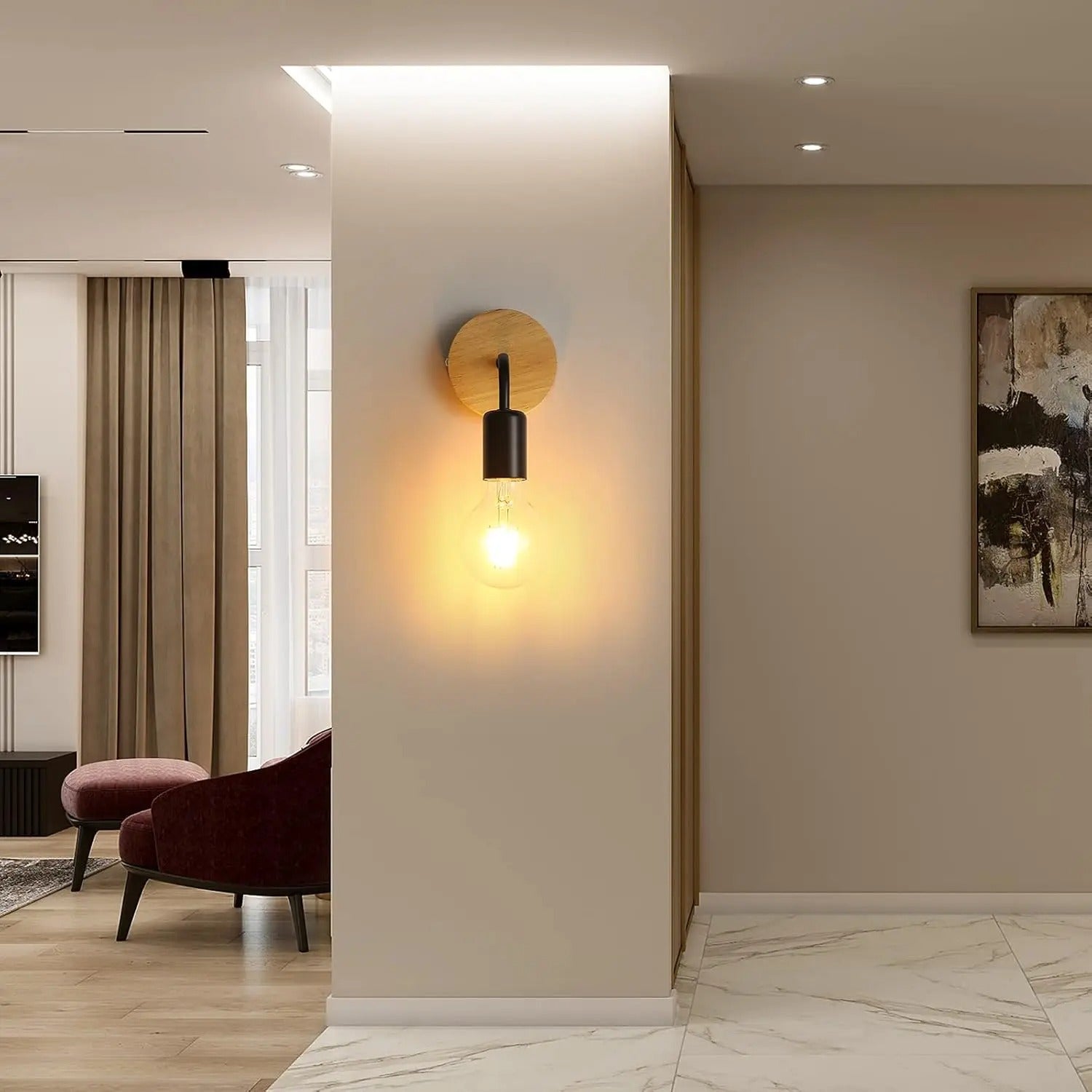 Set van 2 Industriële Wandlampen – Retro Zwart IJzer met Massief Hout – E27 Fitting – Voor Woonkamer, Slaapkamer en Hal