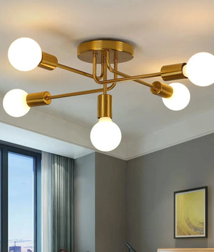 Retro Industriële Plafondlamp Goud – 5-Lichts Metalen Kroonluchter met E27 Fittingen voor Woonkamer en Keuken