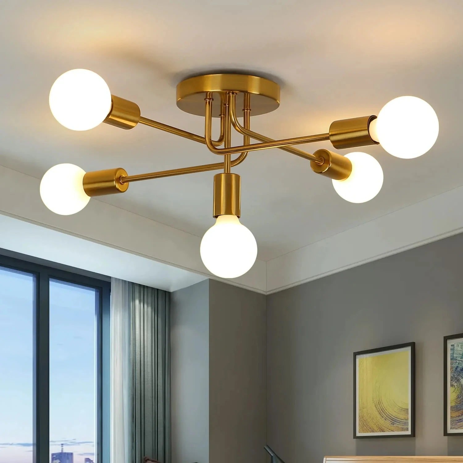 Retro Industriële Plafondlamp Goud – 5-Lichts Metalen Kroonluchter met E27 Fittingen voor Woonkamer en Keuken