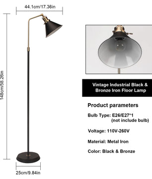 Industriële Vloerlamp Zwart met Goud – Vintage Staande Lamp met Draaibare Kop – E27 Verlichting voor Woonkamer en Leeshoek