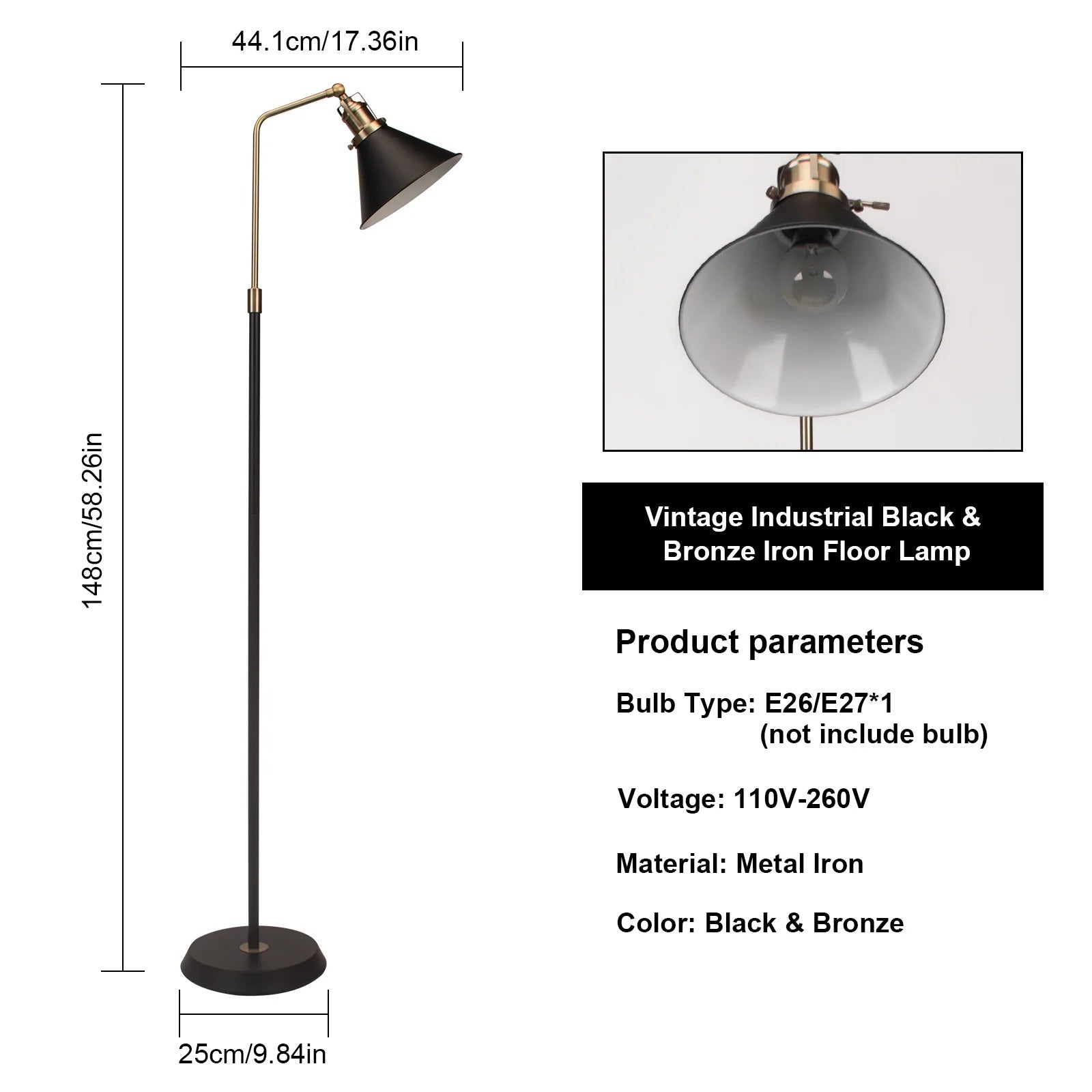 Industriële Vloerlamp Zwart met Goud – Vintage Staande Lamp met Draaibare Kop – E27 Verlichting voor Woonkamer en Leeshoek