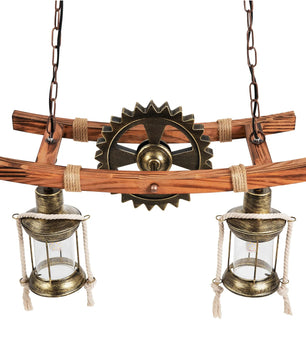 Vintage 2-Lichts Hanglamp – Houten Kroonluchter met Tandwiel Design – Rustieke Industriële Plafondlamp met E27 Fittingen