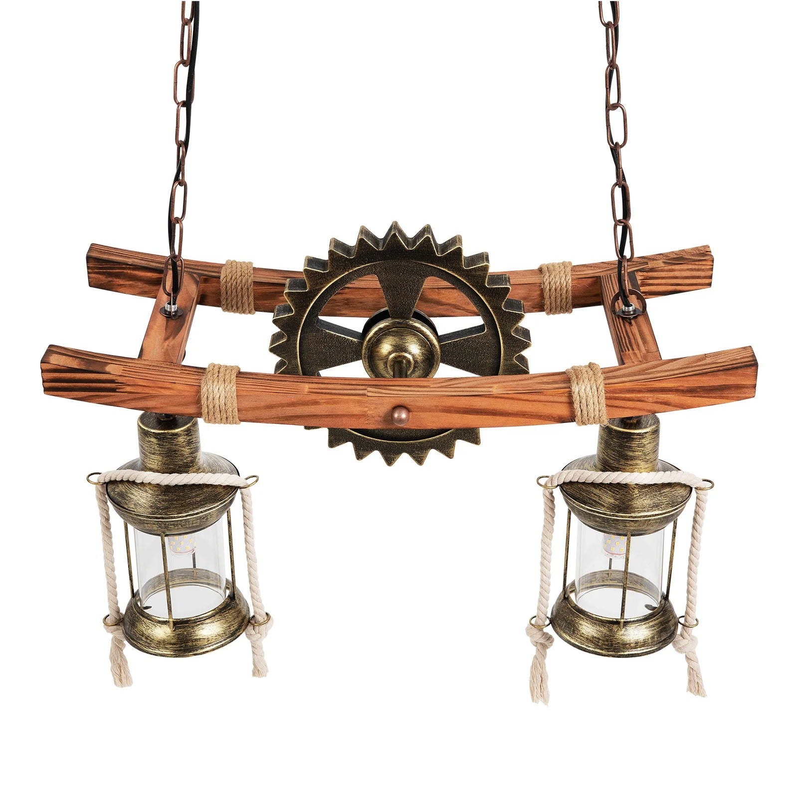 Vintage 2-Lichts Hanglamp – Houten Kroonluchter met Tandwiel Design – Rustieke Industriële Plafondlamp met E27 Fittingen