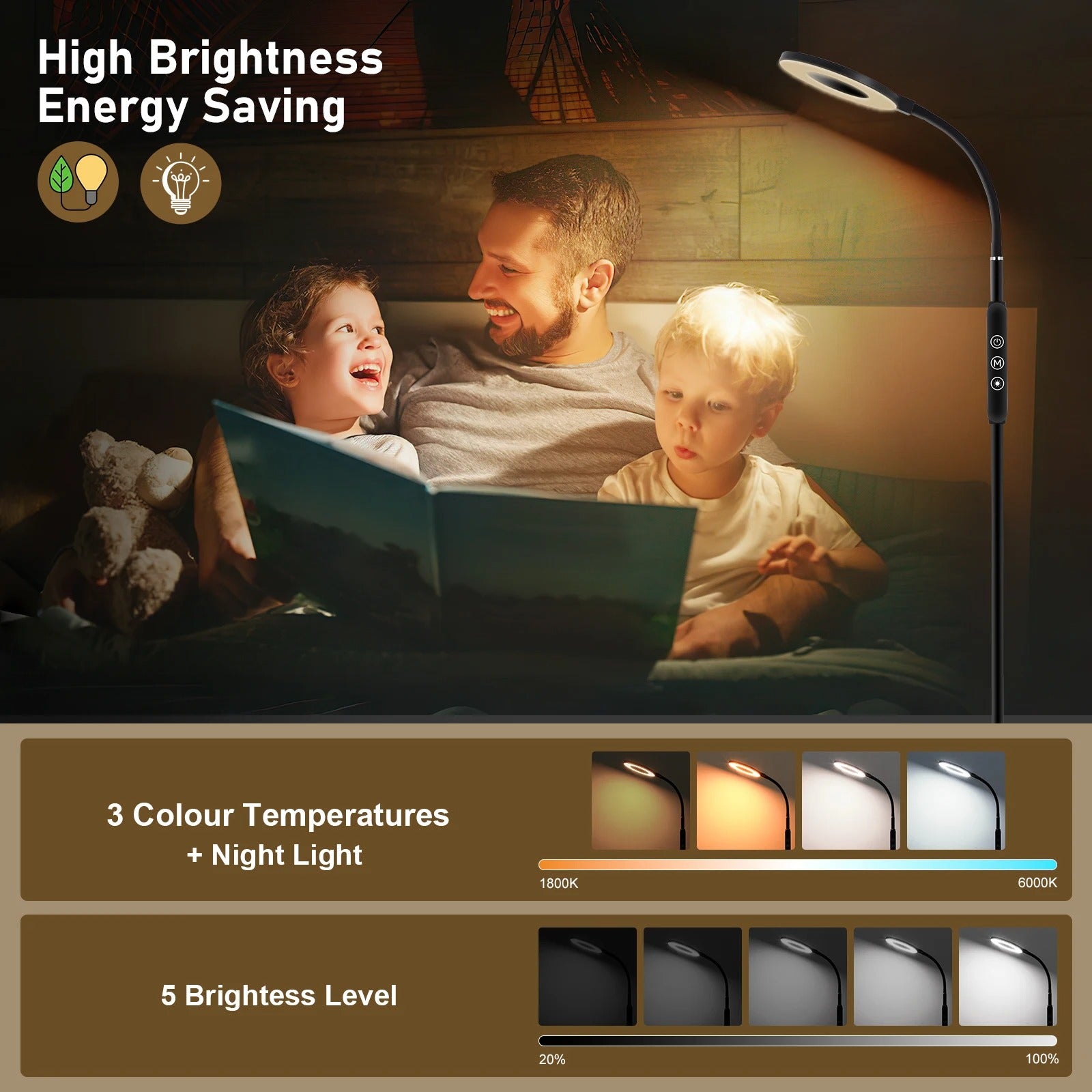 Multifunctionele Dimbare LED Vloerlamp – 360° Verstelbaar – 1800K-6000K – Nachtlamp, Timer & Geheugenfunctie