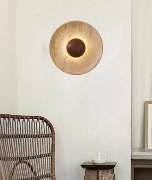 Moderne Natuursteen Wandlamp 25 cm – Sfeervolle Blaker met Donker Houten Basis – Luxe Wandverlichting voor Foyer, Eetkamer en Slaapkamer