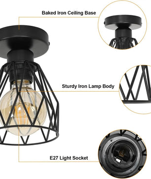 Industriële Plafondlamp Zwart – Vintage Metalen Opbouwlamp met E27 Fitting voor Keuken, Eetkamer en Slaapkamer