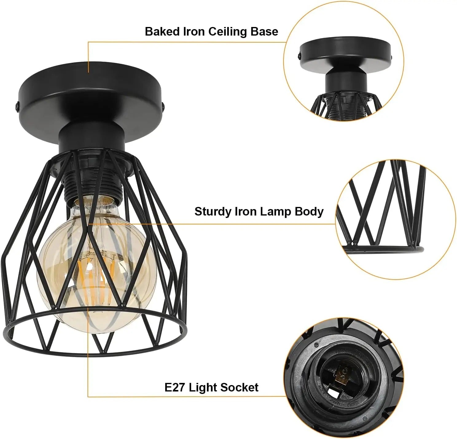 Industriële Plafondlamp Zwart – Vintage Metalen Opbouwlamp met E27 Fitting voor Keuken, Eetkamer en Slaapkamer