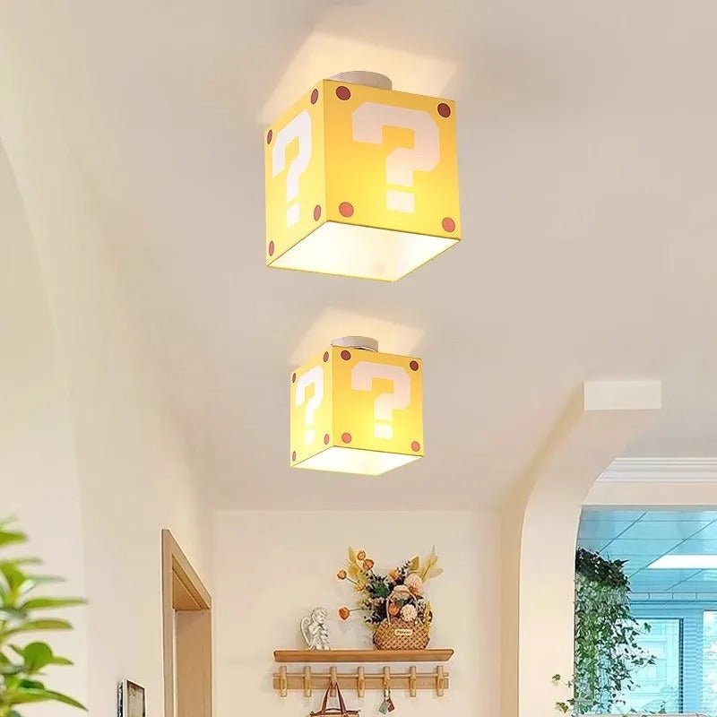 Gele Vraagteken Plafondlamp – Creatieve Kinderkamerlamp van Stof en Smeedijzer – E27 – 3 Lichtkleuren, Optioneel met Afstandsbediening