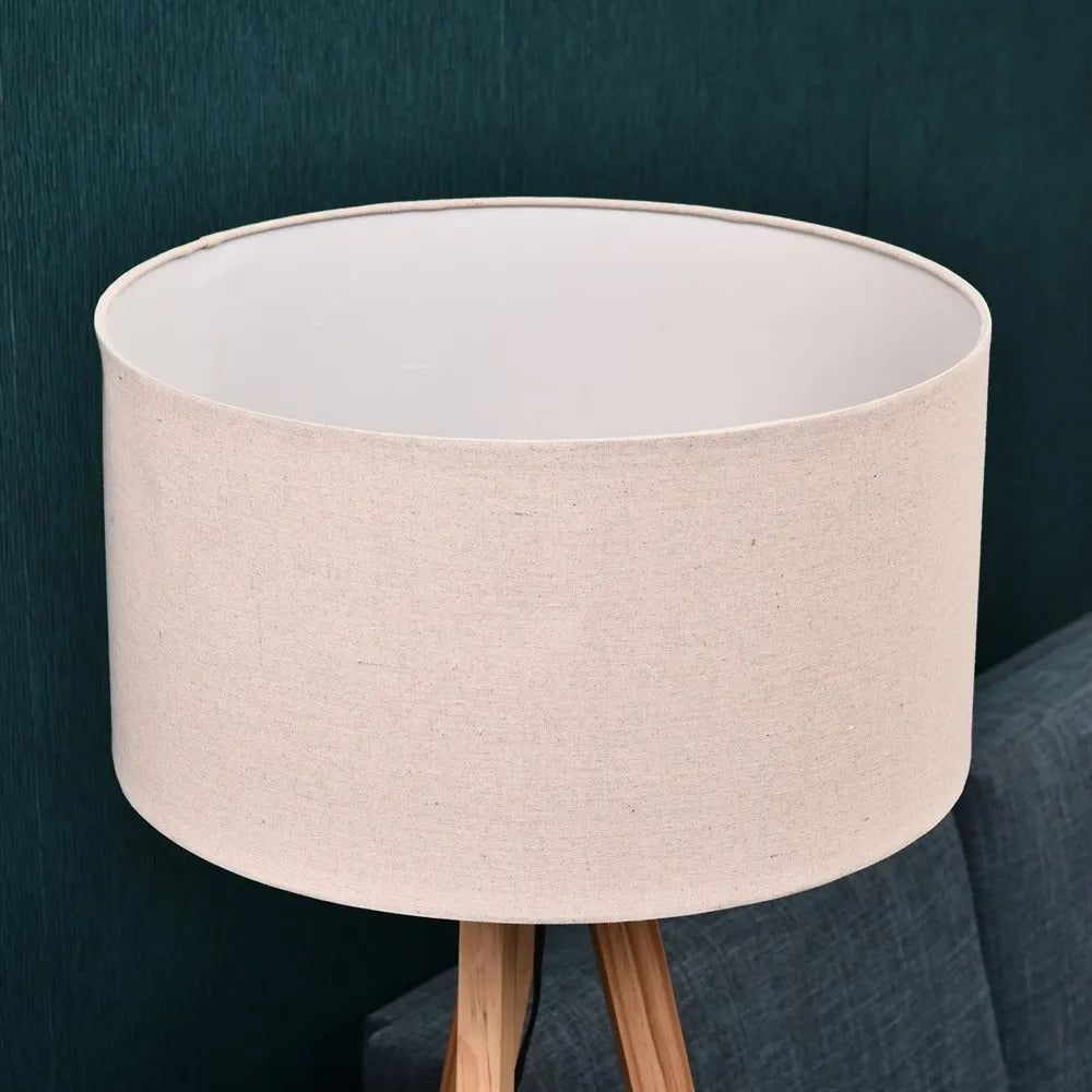 Houten Vloerlamp met Stoffen Kap en Tripod Basis – Staande Lamp met Plank – Modern Design 154 cm voor Woonkamer en Slaapkamer