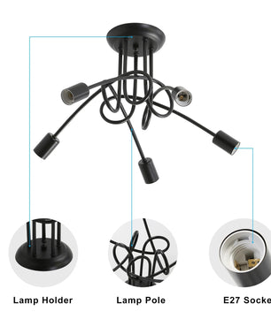 Moderne Zwarte Spoetnik Kroonluchter – 5-Lichts Plafondlamp met E27 Fittingen in Mid-Century Stijl