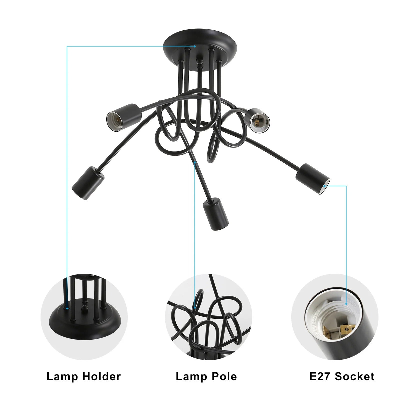 Moderne Zwarte Spoetnik Kroonluchter – 5-Lichts Plafondlamp met E27 Fittingen in Mid-Century Stijl