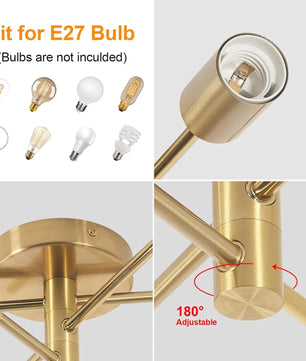 Gouden Plafondlamp met 3 E27 Fittingen – Retro Industriële Plafondverlichting van Smeedijzer voor Woonkamer, Slaapkamer en Gang