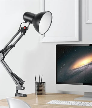 Flexibele Bureaulamp met Zwenkarm en Tafelklem – Zwarte Metalen Werklamp met E27/E26 Fitting voor Kantoor en Studio