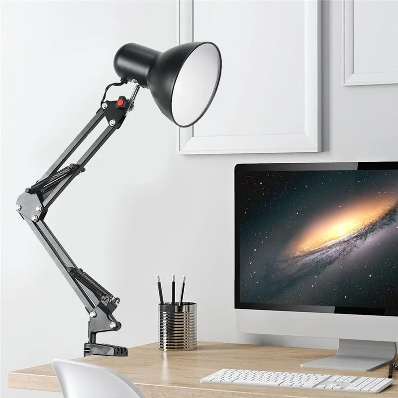Flexibele Bureaulamp met Zwenkarm en Tafelklem – Zwarte Metalen Werklamp met E27/E26 Fitting voor Kantoor en Studio