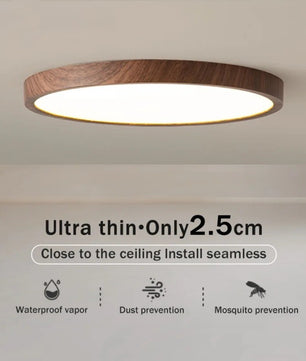 Ultradunne Ronde LED Plafondlamp met Houtnerf – Walnootlook – 24W Ø30 cm – Driekleurig Licht voor Woonkamer en Slaapkamer