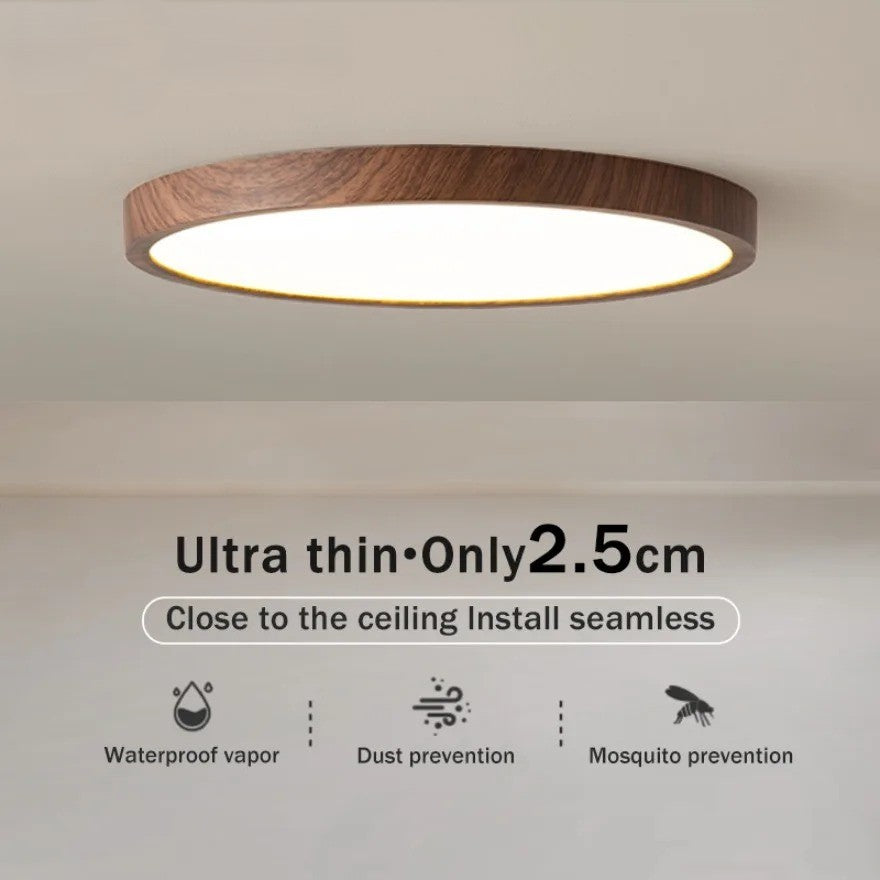 Ultradunne Ronde LED Plafondlamp met Houtnerf – Walnootlook – 24W Ø30 cm – Driekleurig Licht voor Woonkamer en Slaapkamer
