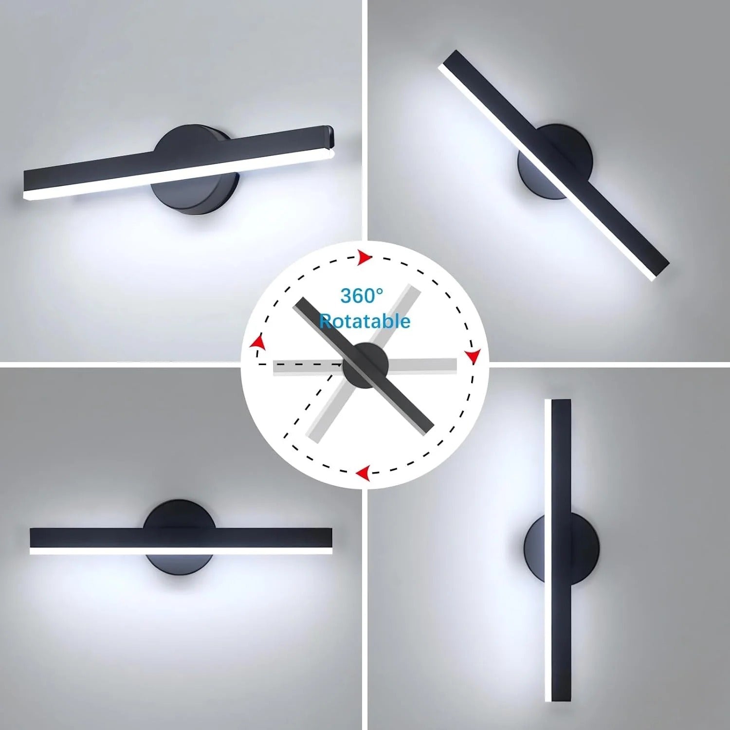 Moderne LED Wandlamp – 12W Draaibaar 360° – Zwart Aluminium en Acryl – Koel Wit 6500K – Voor Woonkamer, Hal en Studieruimte