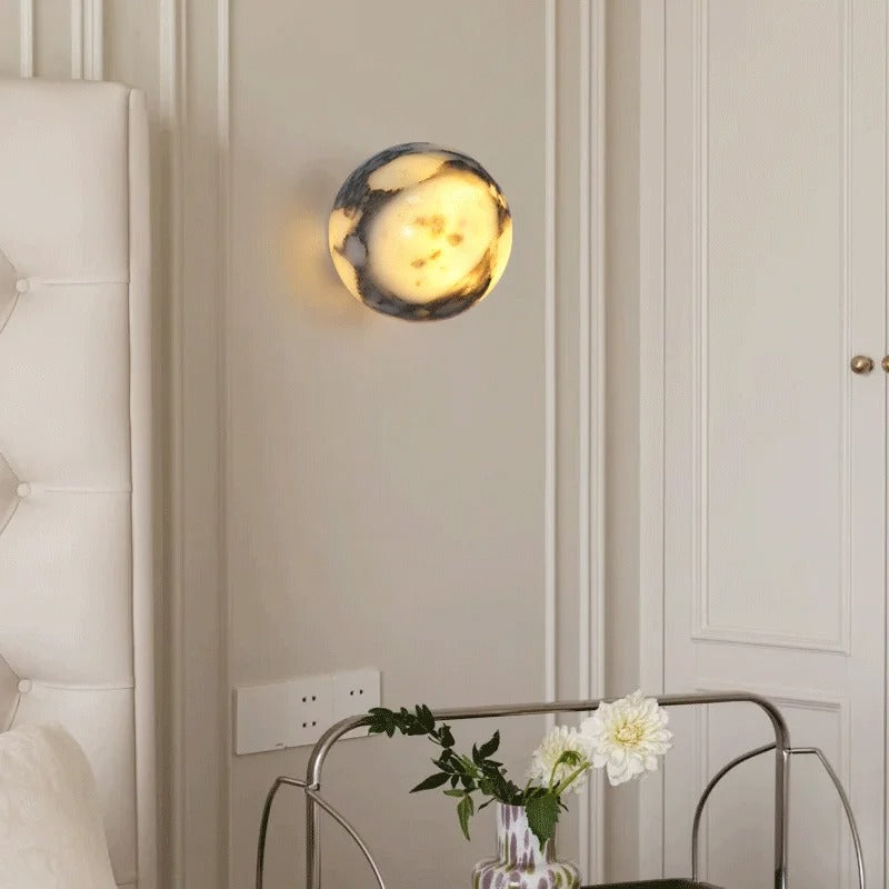 Luxe Marmeren Wandlamp – Natuurlijk Zwart Marmer – Ronde Design Wandverlichting met LED voor Slaapkamer en Woonkamer