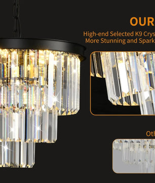 Moderne Zwarte Kristallen Kroonluchter – 3-Laags Ronde Hanglamp met Verstelbare Ketting en E14 Fitting