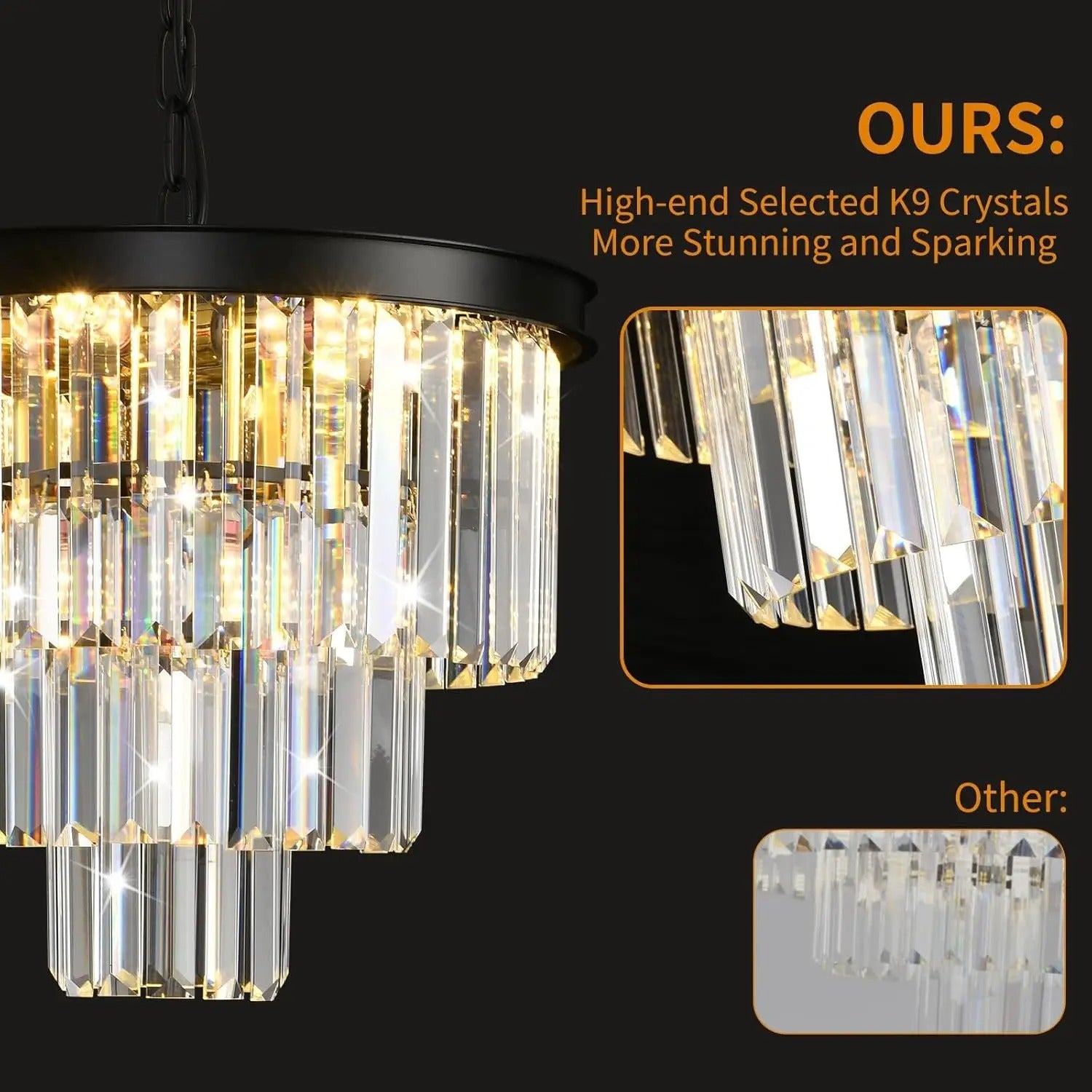 Moderne Zwarte Kristallen Kroonluchter – 3-Laags Ronde Hanglamp met Verstelbare Ketting en E14 Fitting