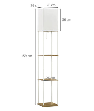 Moderne Houten Vloerlamp met 3 Planken – Staande Lamp met Stoffen Kap en E27 Fitting – Sfeerverlichting en Opbergruimte voor Woonkamer en Slaapkamer