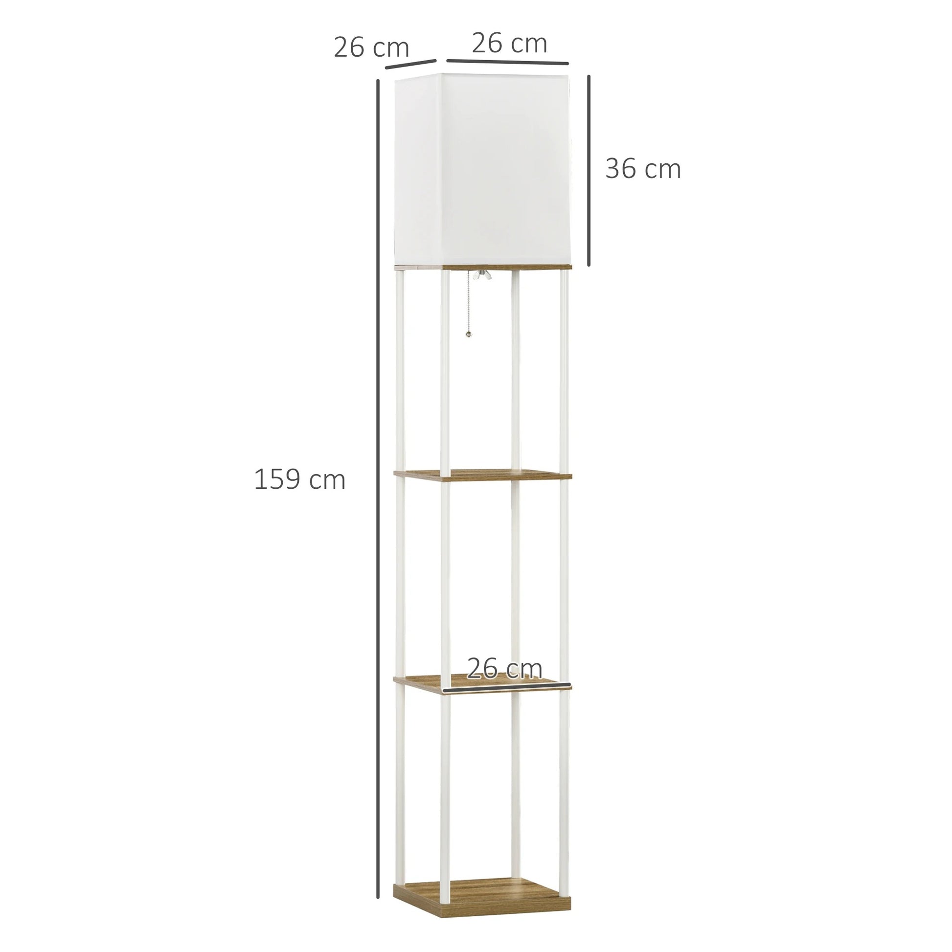 Moderne Houten Vloerlamp met 3 Planken – Staande Lamp met Stoffen Kap en E27 Fitting – Sfeerverlichting en Opbergruimte voor Woonkamer en Slaapkamer
