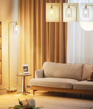 Moderne Industriële Vloerlamp met Glazen Kap – Dimbare LED Staande Lamp E27 met Afstandsbediening en Voetschakelaar – Sfeerverlichting voor Woonkamer en Slaapkamer