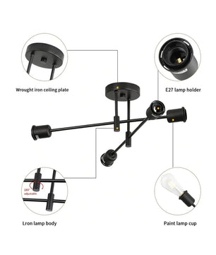 Vintage Zwarte Plafondlamp – 4-lichts Retro Kroonluchter van Metaal met E27 Fitting – Nieuw Klassiek Design voor Woonkamer & Eetkamer