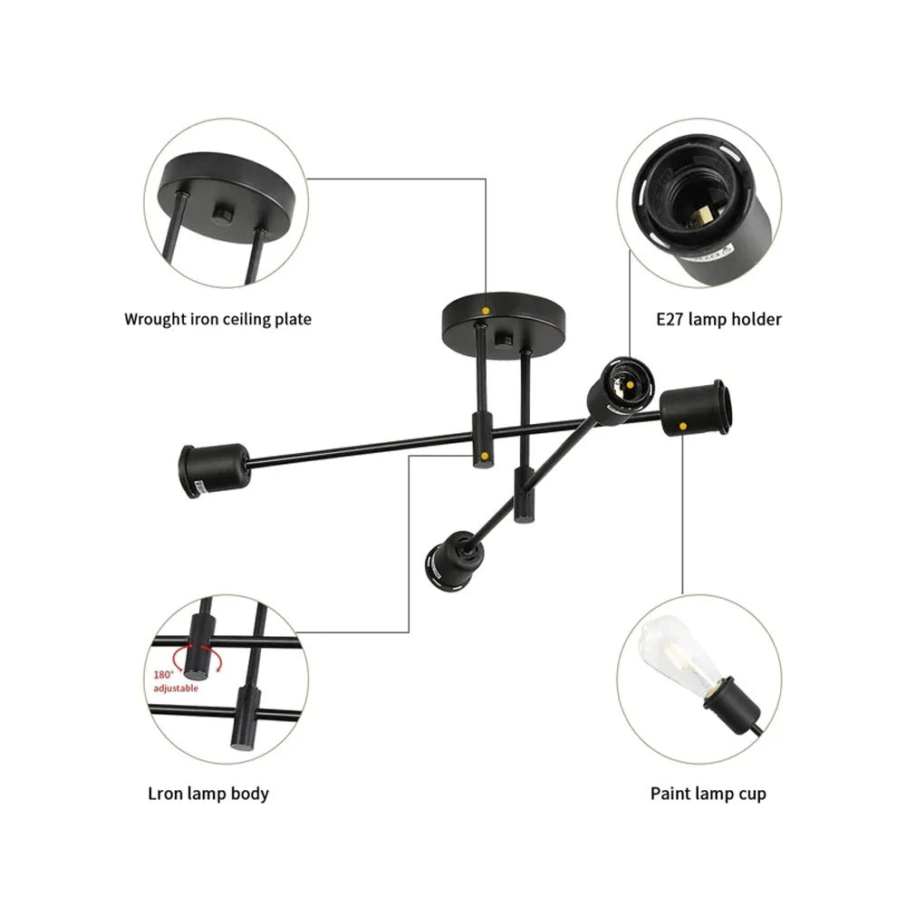 Vintage Zwarte Plafondlamp – 4-lichts Retro Kroonluchter van Metaal met E27 Fitting – Nieuw Klassiek Design voor Woonkamer & Eetkamer