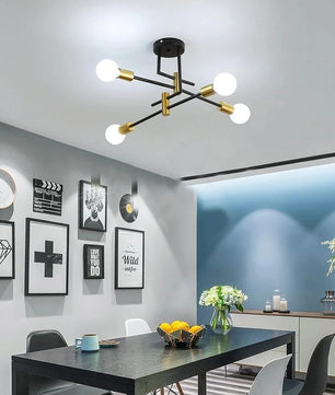 Industriële Kroonluchter Sputnik Ø70 cm – Vintage Plafondlamp 4-Lichts – Metaal Zwart met Goudaccenten – E27