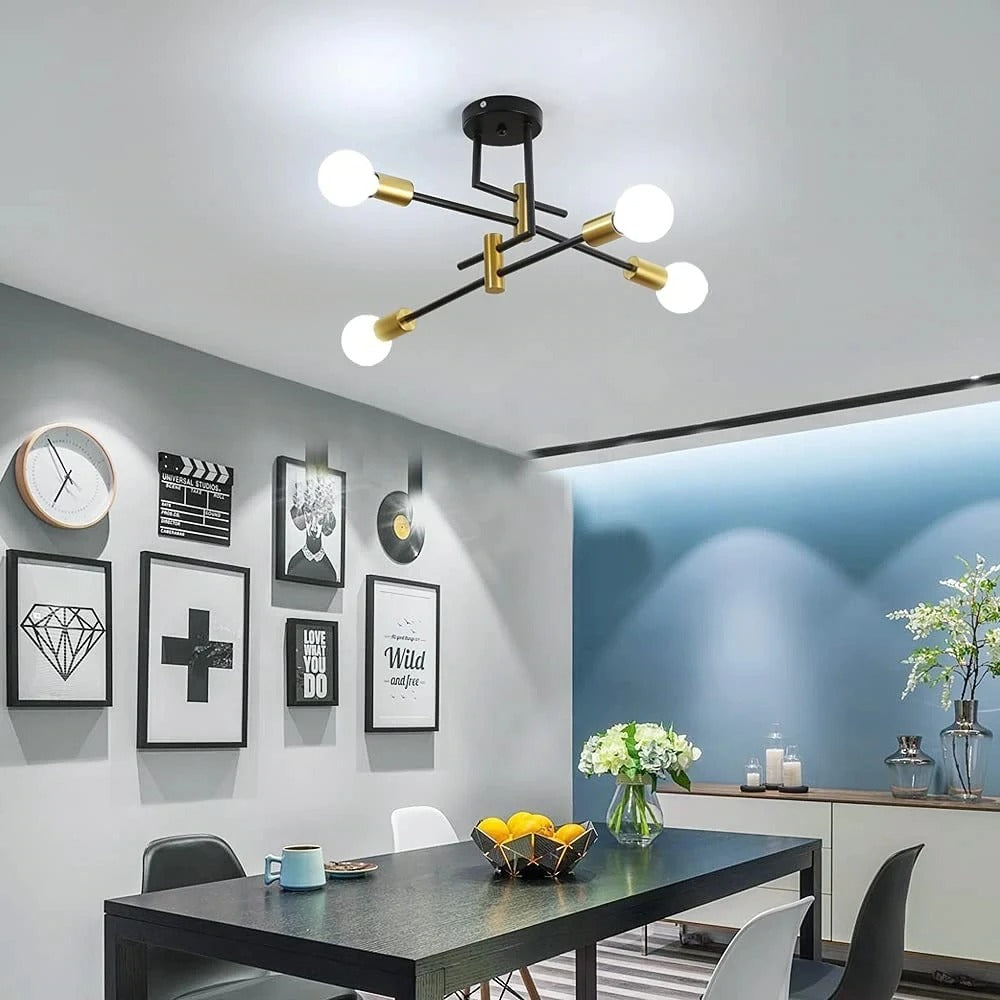 Industriële Kroonluchter Sputnik Ø70 cm – Vintage Plafondlamp 4-Lichts – Metaal Zwart met Goudaccenten – E27