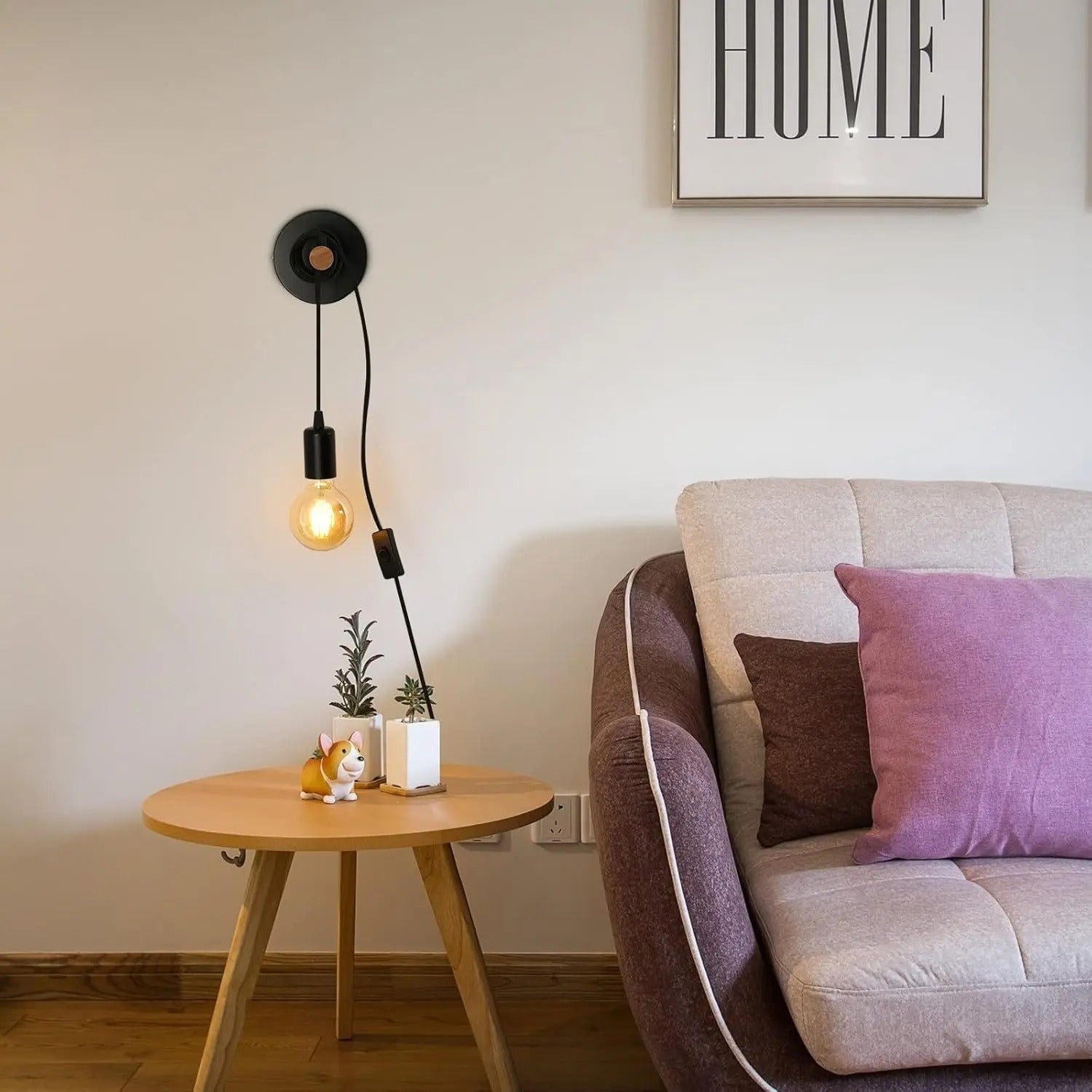 Vintage Industriële Wandlamp met Houten Arm – E27 Fitting met Schakelaar en Stekker – Plug-in Wandverlichting voor Slaapkamer, Hal en Woonkamer