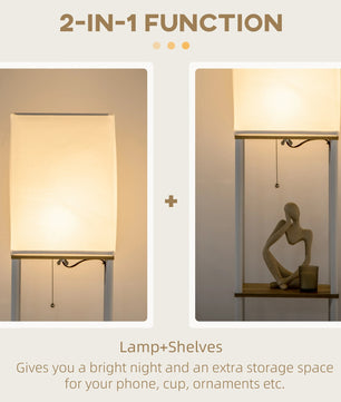 Moderne Houten Vloerlamp met 3 Planken – Staande Lamp met Stoffen Kap en E27 Fitting – Sfeerverlichting en Opbergruimte voor Woonkamer en Slaapkamer