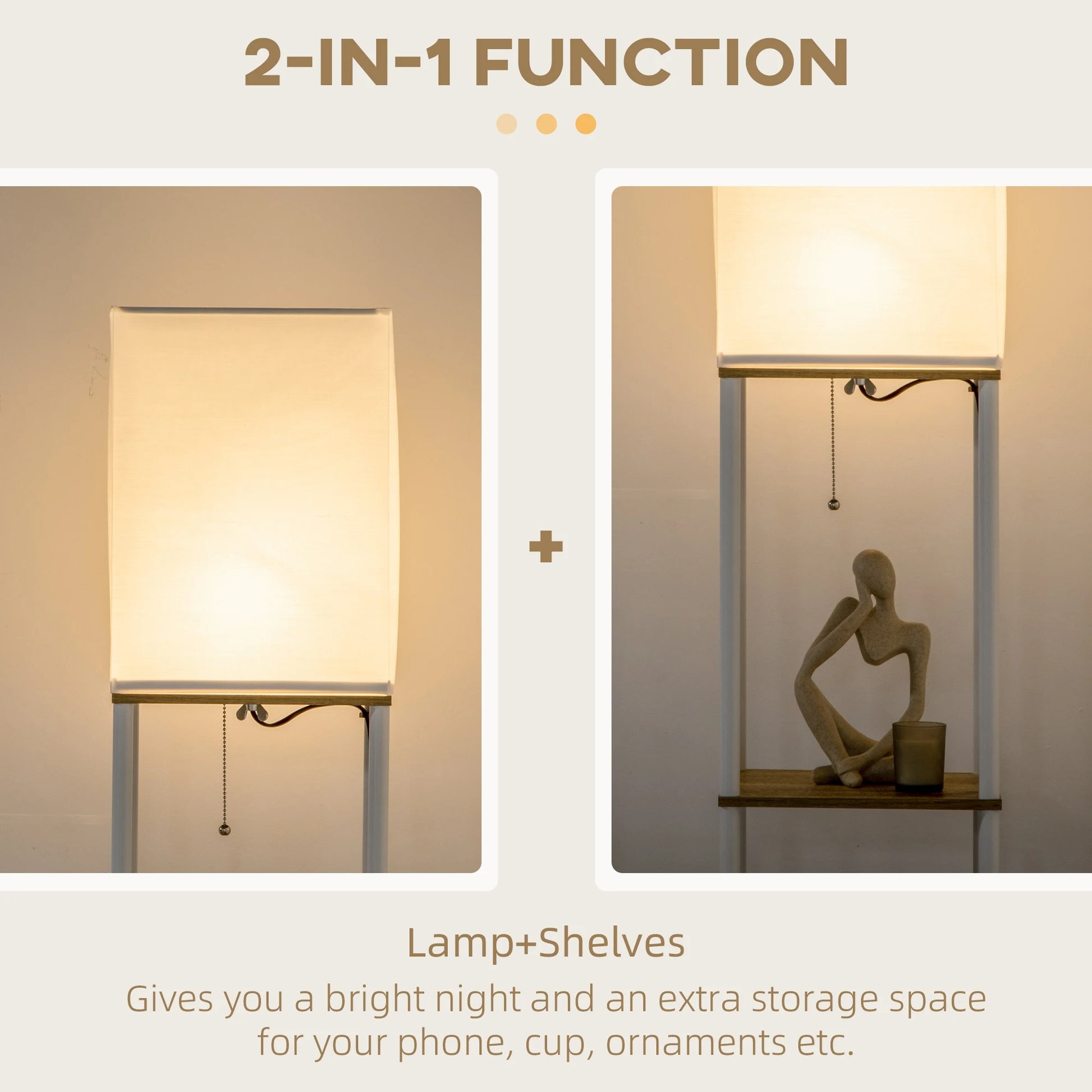 Moderne Houten Vloerlamp met 3 Planken – Staande Lamp met Stoffen Kap en E27 Fitting – Sfeerverlichting en Opbergruimte voor Woonkamer en Slaapkamer