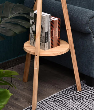 Houten Vloerlamp met Stoffen Kap en Tripod Basis – Staande Lamp met Plank – Modern Design 154 cm voor Woonkamer en Slaapkamer